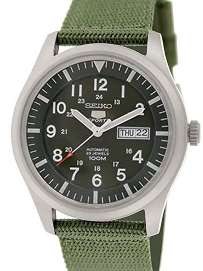 Seiko Military Dark Green Dial Automatic Watch with 42mm Case, Green Canvas Strap #SNZG09K1