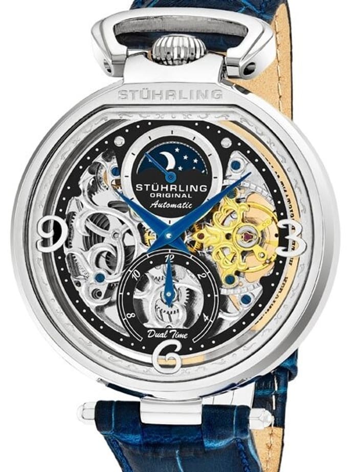 Stuhrling automatic dual time watch with 46mm case, skeleton dial, blue leather strap #889.01