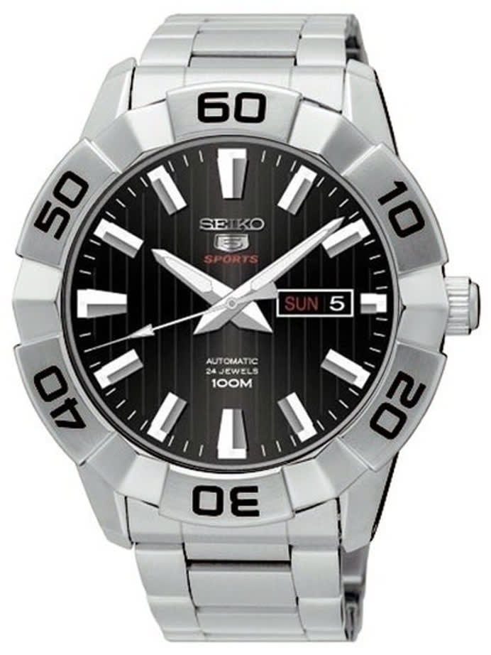 Seiko 45mm Sports 5 Automatic 24-Jewel Watch with Pinstriped Black Dial #SRPA51K1