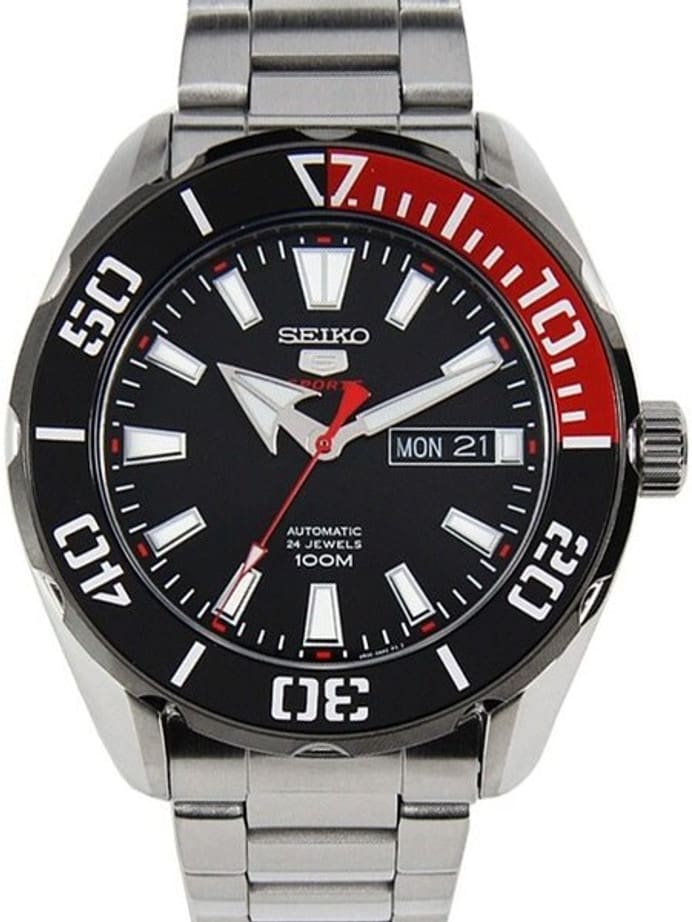 Seiko 5 Sports Automatic 24-Jewel Watch with Black Dial and SS Bracelet #SRPC57K1