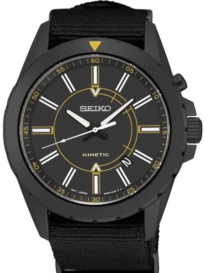 Seiko Kinetic Black Ion-Plated 42mm Field Watch with Power Reserve #SKA705