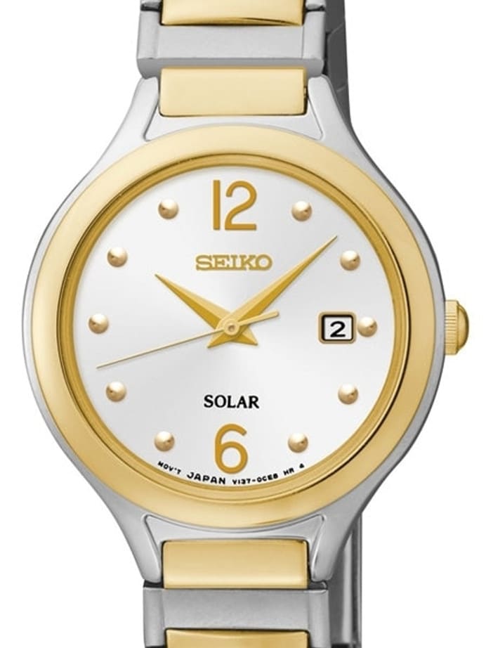 Seiko Two-Tone Women's Solar Dress Watch with White Dial, Goltone Hands and Markers #SUT178