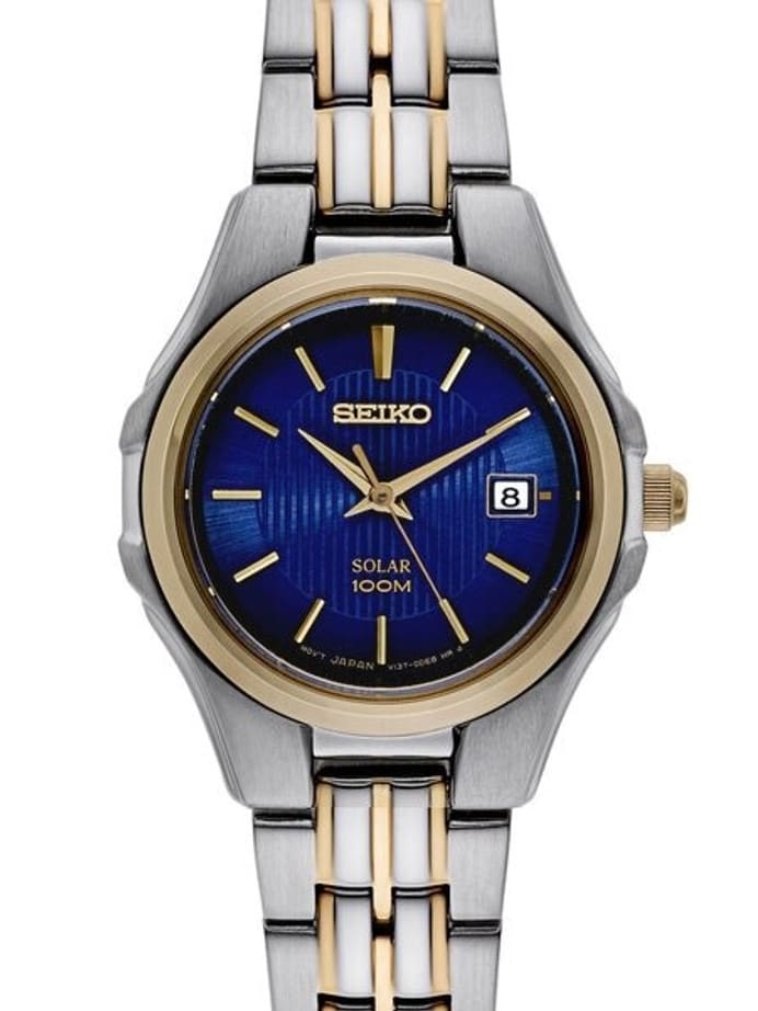 Seiko Two-Tone Women's Solar Dress Watch with Blue Dial, Goltone Hands and Markers #SUT224