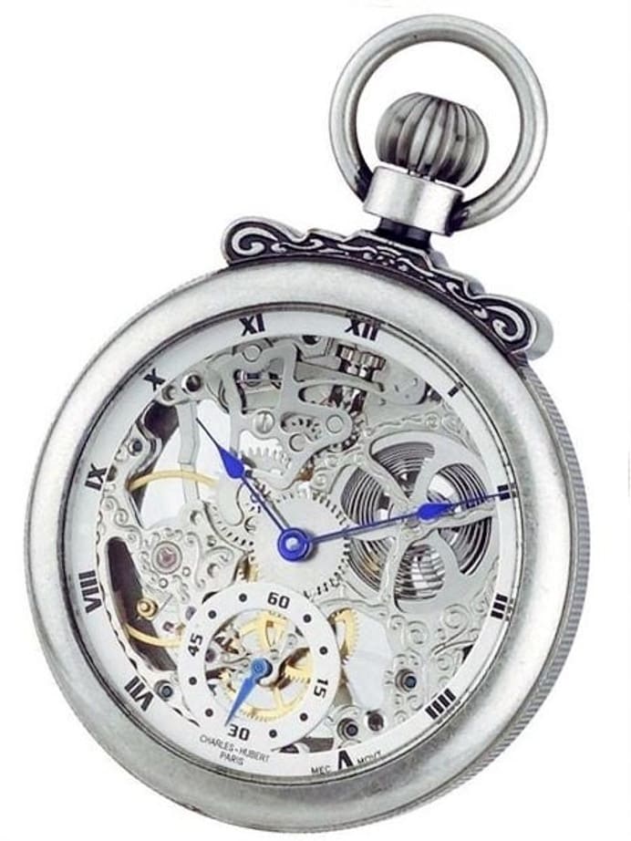 Charles-Hubert Mechanical Silver Tone Pocket Watch with Antiqued Case #3869S