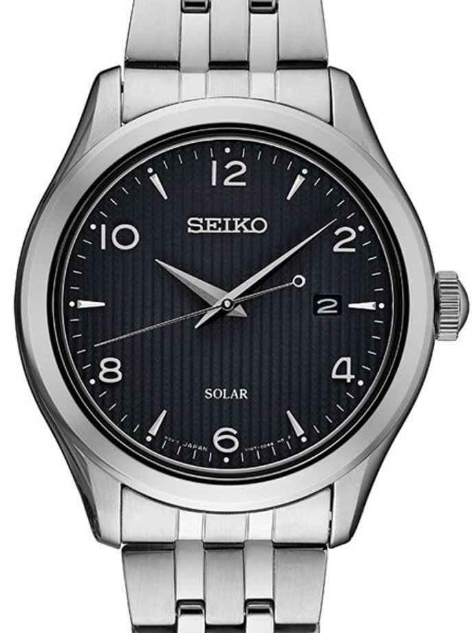 Seiko Solar Watch with 42mm Stainless Steel Case and Patterned Black Dial #SNE489