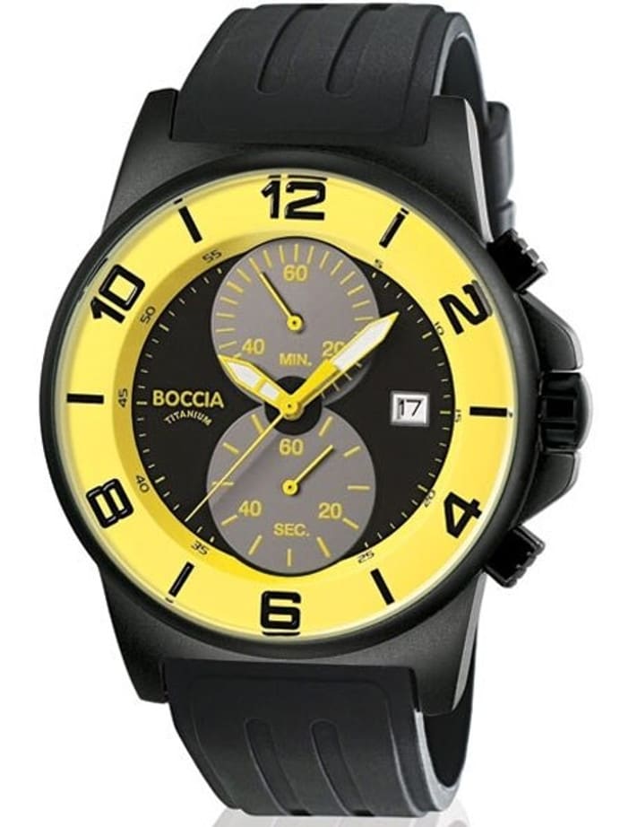 Boccia Yellow-Black Dial Quartz Chronograph with Black 45mm Titanium Case and Rubber Strap #3777-27