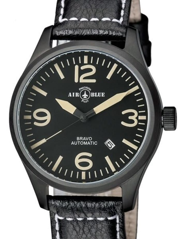 Air Blue Bravo Automatic Pilot Watch with 44mm PVD Case, Sapphire Crystal #BRAVOAUTOPVDBLKTAN