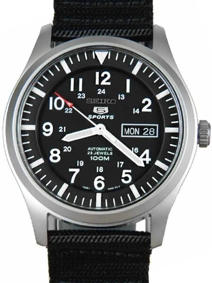 Scratch and Dent - Seiko Military Black Dial Automatic Watch with 42mm Case, Black Canvas Strap #SNZG15K1 2