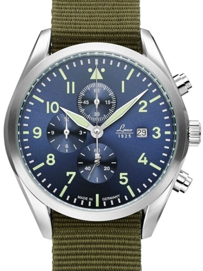 Laco 42mm Atlanta Blue Dial Chronograph Watch with 12-hour Totalizer #861919
