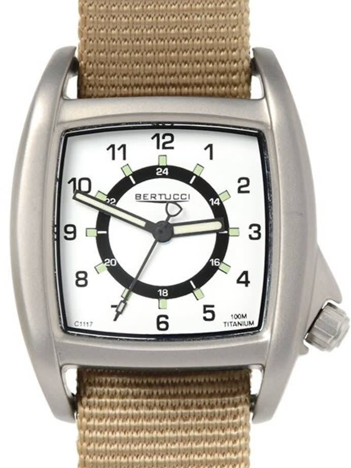 Bertucci C-1T Lusso Tank Style Field Watch with Titanium Case and Khaki Nylon Strap #16016