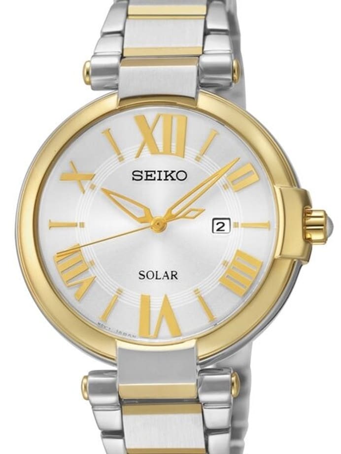 Seiko Two-Tone Women's Solar Dress Watch with Silver Dial, Goltone Hands and Markers #SUT174