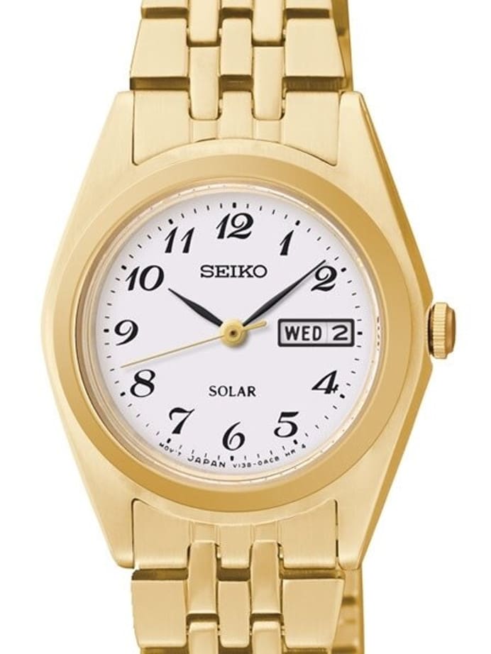 Seiko Goldtone Women's Solar Dress Watch with White Dial, Black Hands and Markers #SUT118