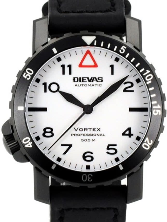 Dievas Vortex Professional Tactical Dive Watch with Black PVD Case, Offset Crown at 8:00 and White, Fully Luminous Dial