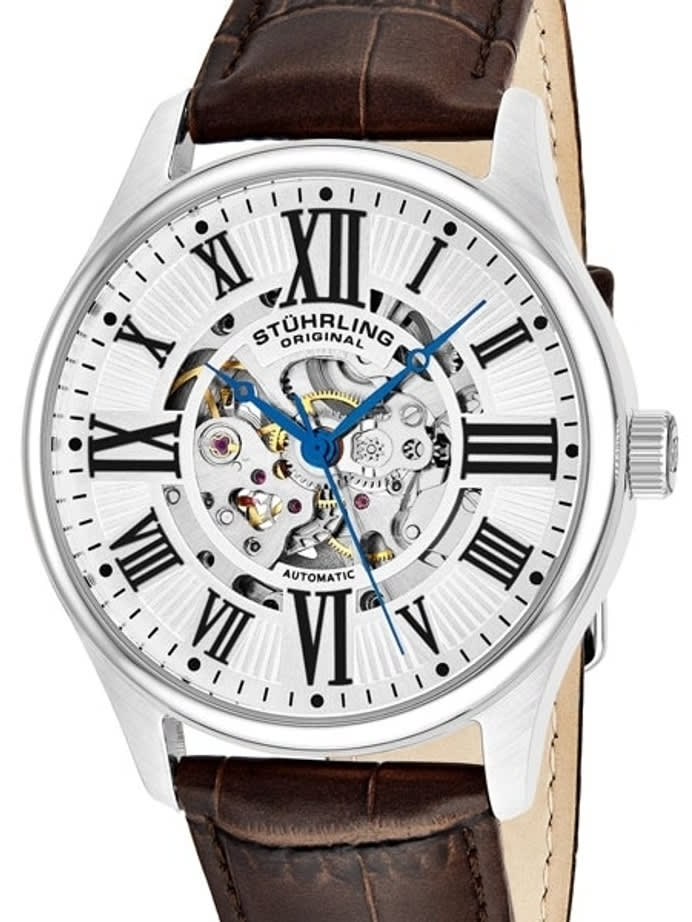Stuhrling 42mm Atrium Automatic Watch with Semi-Skeleton, Silver-White Dial #747.01