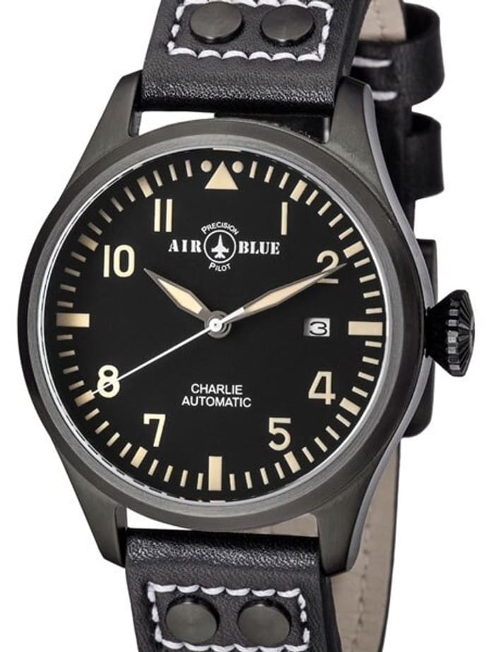 Air Blue Charlie Automatic Pilot Watch with 44mm PVD Case, Sapphire Crystal #CHARLIEAUTOPVDBLKTAN