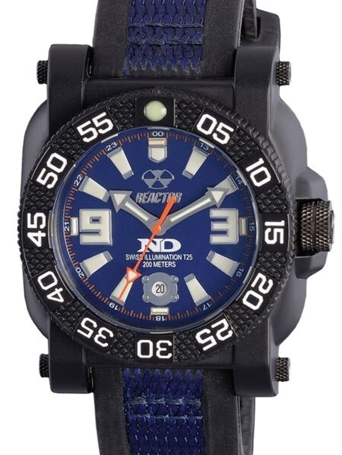 Reactor Gryphon Watch with Never Dark Illumination, Black Nitromid Polymer, Steel Core Case and Rubber Strap #73803