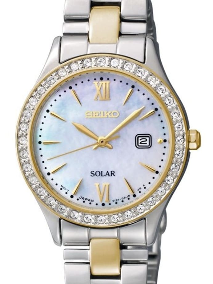 Seiko Two-Tone Women's Solar Dress Watch with Swarovski Crystal Bezel, Mother of Pearl Dial #SUT074