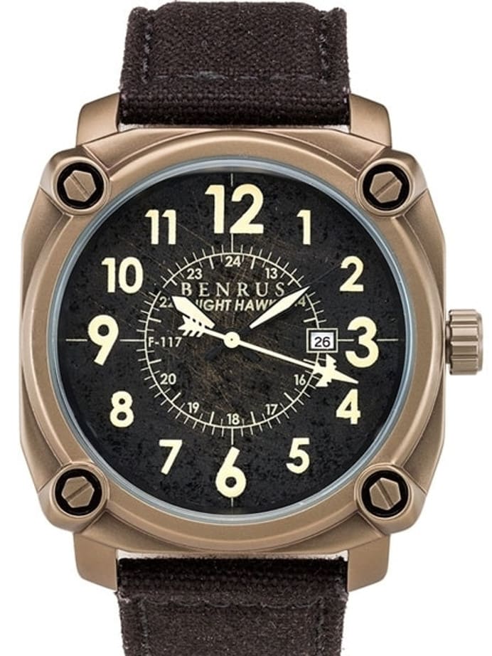 BENRUS 43mm Stainless Steel, Military-Inspired Quartz Nighthawk Watch #BR002C