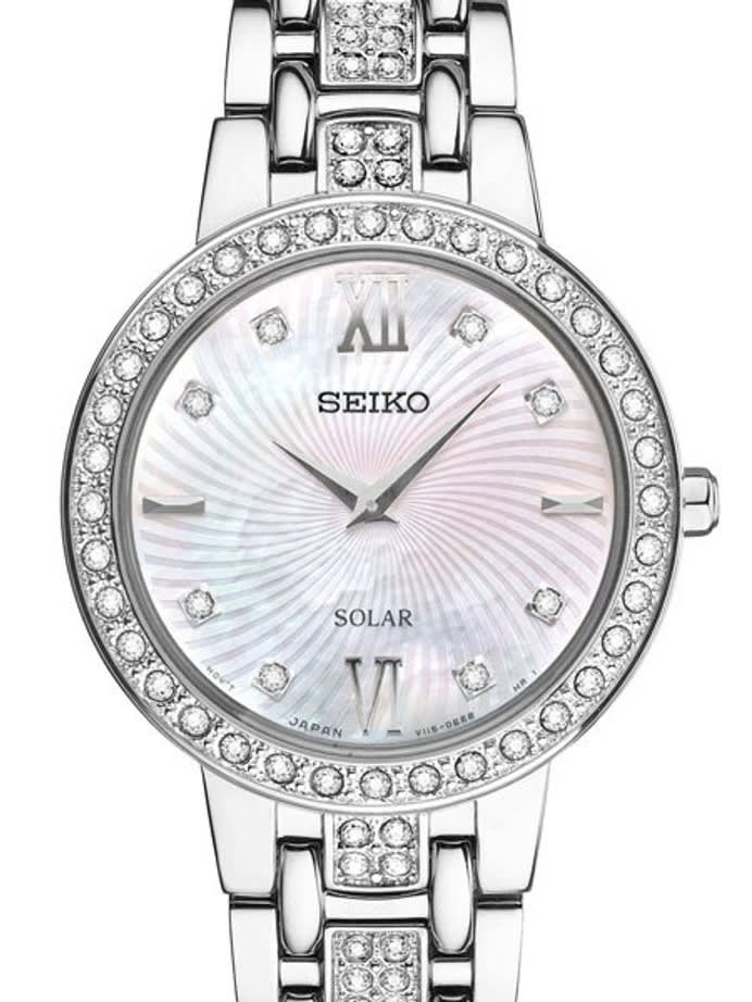 Seiko Ladies Solar Dress Watch with Swarovski Crystals, Mother of Pearl Dial #SUP359