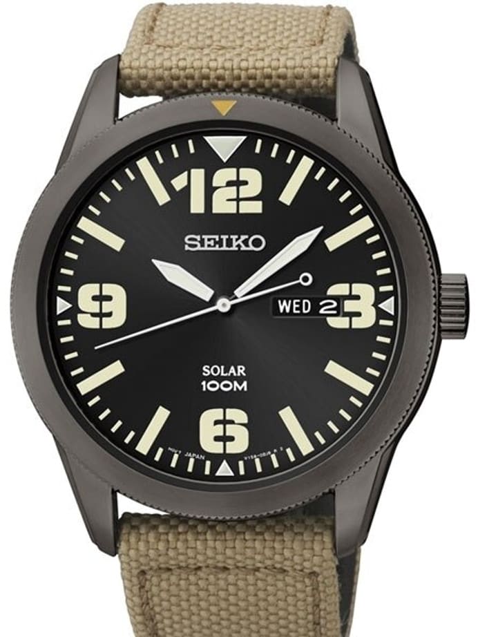Seiko Aviator Black Dial Solar Watch with 43mm Black Ion Case, Tan Canvas Strap #SNE331