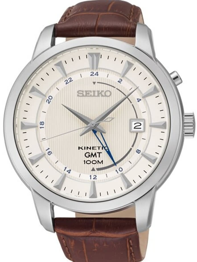 Seiko Core Series Kinetic GMT Dual-Time Watch with 44mm Case and Leather Strap #SUN041