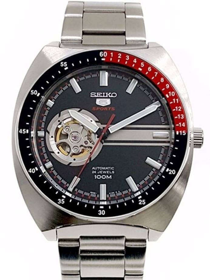 Seiko 44mm Sports 5 Automatic 24-Jewel Watch with an Open Heart Black Dial #SSA329K1
