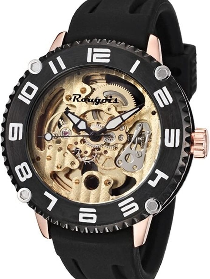Rougois Goldtone Skeleton Automatic (self-winding) Watch with Black Bezel 3285M-RGB-2
