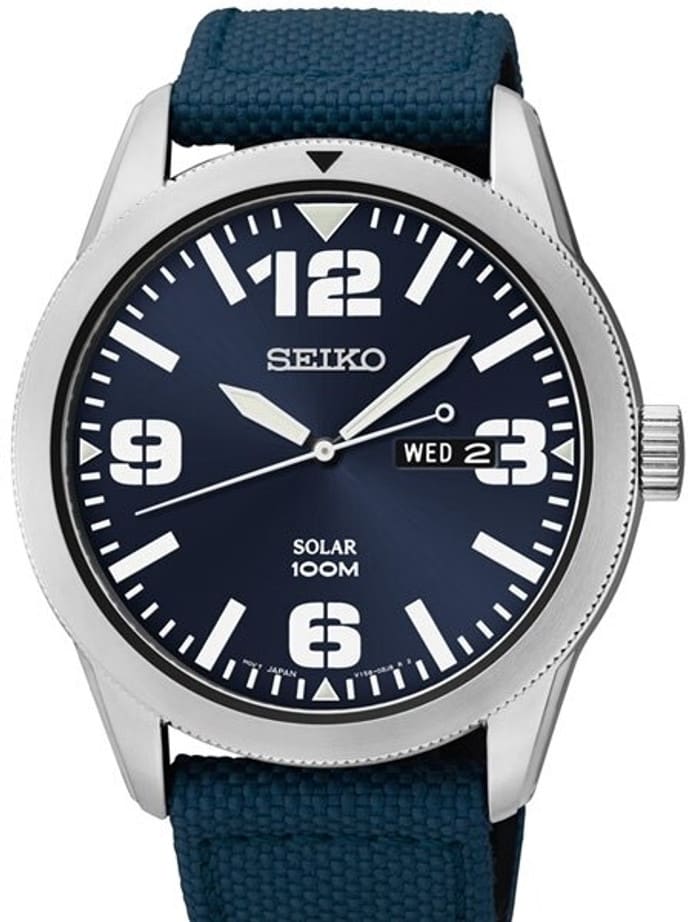 Seiko Blue Dial Solar Powered Aviator Watch with 43mm Case, Blue