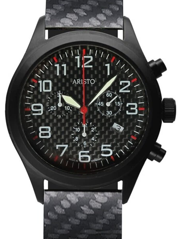 Aristo Aviator Style Quartz Chronograph Watch with Carbon Fiber Dial #0H15