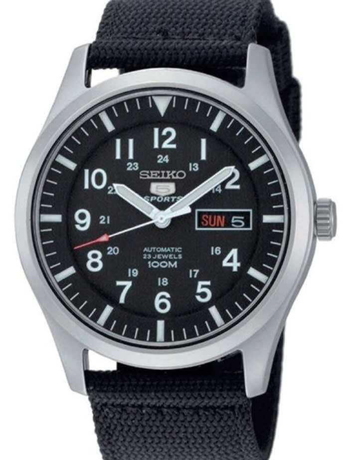 Seiko Military Black Dial Automatic Watch with 42mm Case, Black Canvas Strap #SNZG15K1