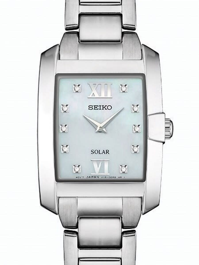 Seiko Women's Solar Dress Watch with 10 Diamond Hour Markers, Mother of Pearl Dial #SUP377