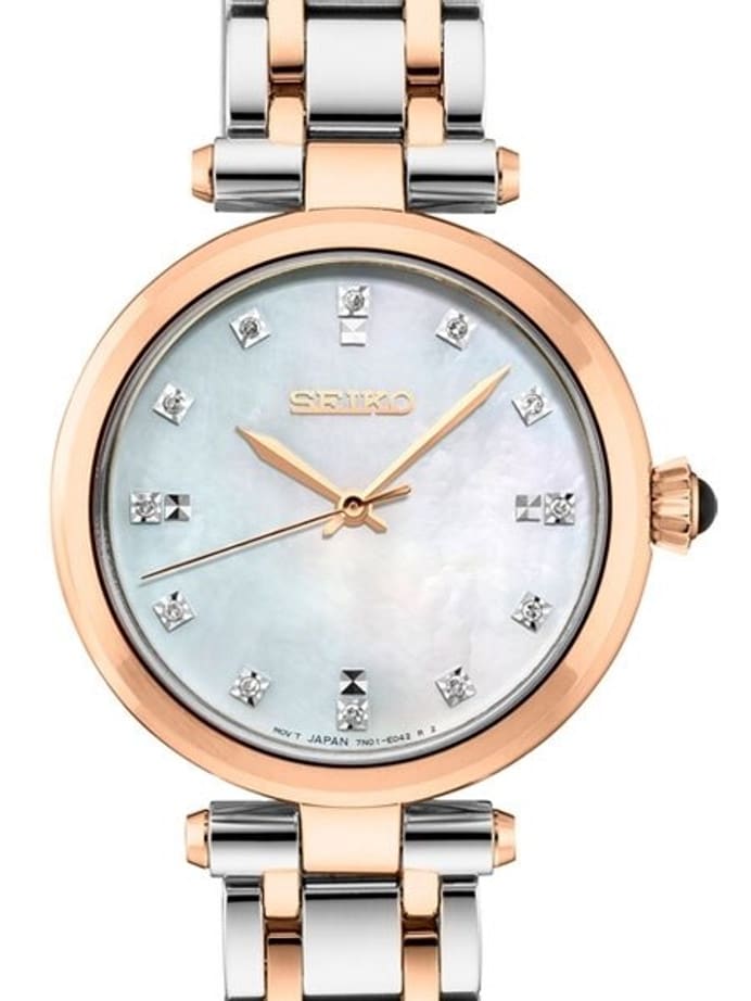Seiko Ladies Quartz Dress Watch with with 12 Diamond Hour Markers, Mother of Pearl Dial #SRZ534