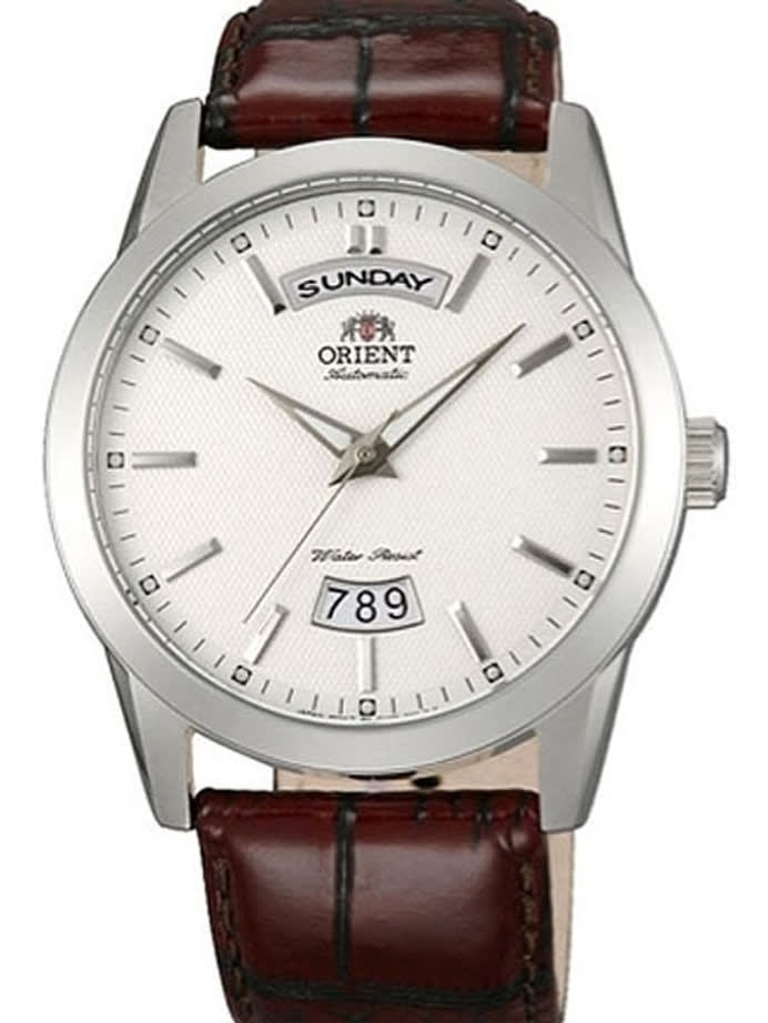 Orient Union 21-Jewel Automatic Day and Date Watch with White Dial and Brown Strap #EV0S005W