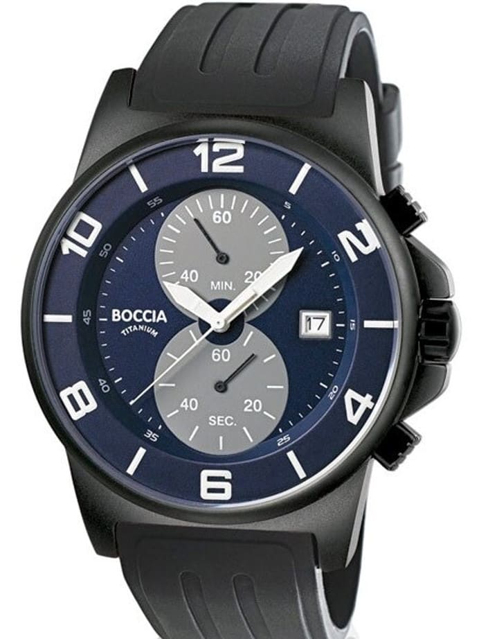 Boccia Navy Blue Dial Quartz Chronograph with Black 45mm Titanium Case and Rubber Strap #3777-13