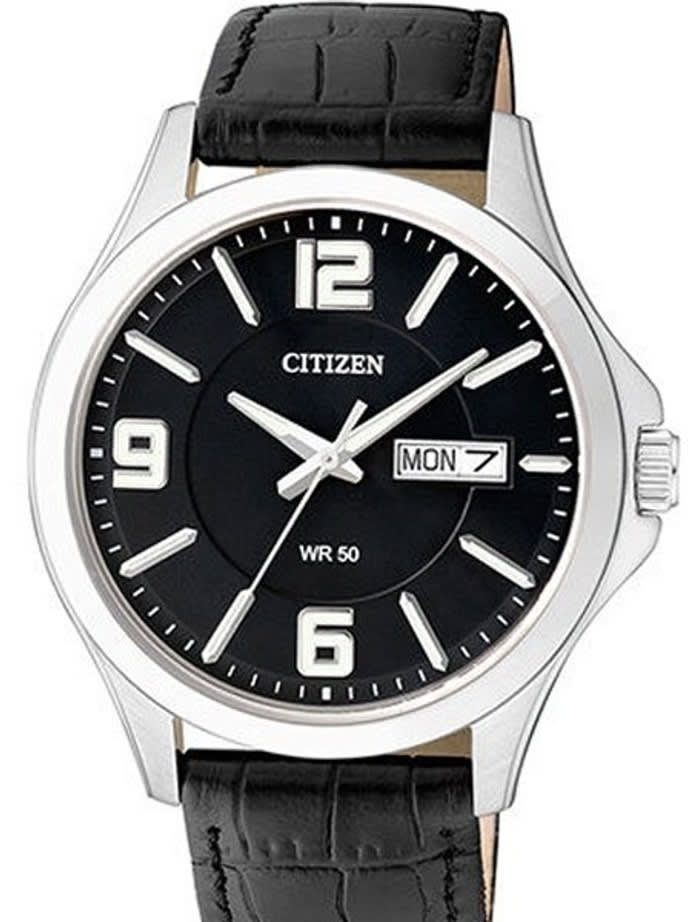 Citizen Quartz Casual Watch with Black Aviator-Style Dial and Leather Strap #BF2001-04E