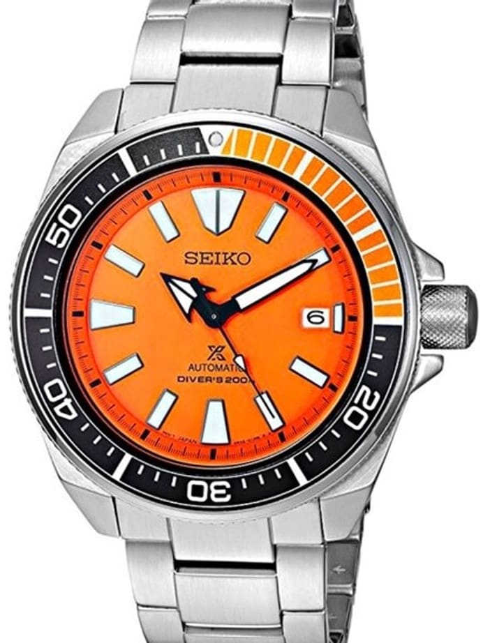 Seiko Samurai Prospex Automatic Dive Watch with Orange Dial and Stainless Steel Bracelet #SRPC07