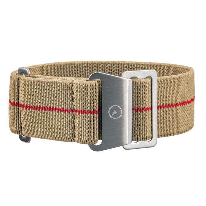 Camel Elastic Woven Nylon Strap with Red Stripe, Brushed Finish Steel Clasp #EWB-17-SS