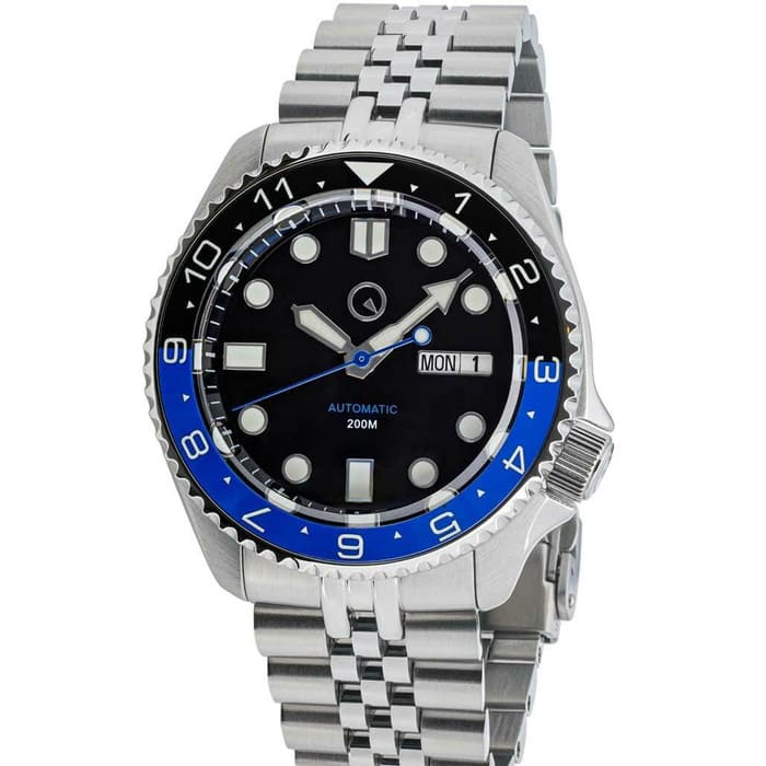 Islander Automatic Dive Watch with Solid-Link Bracelet, AR Sapphire Crystal, Dual-Time Luminous "Batman" Bezel Insert #ISL-74