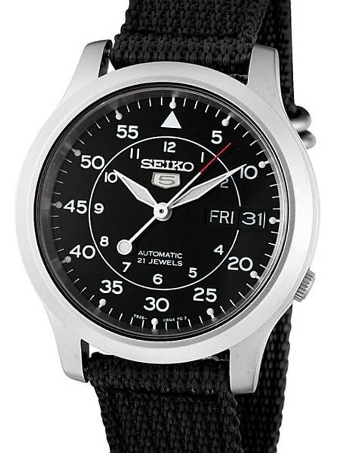 Scratch and Dent - Seiko 5 Military Black Dial Automatic Watch,  Black Canvas Strap #SNK809K2