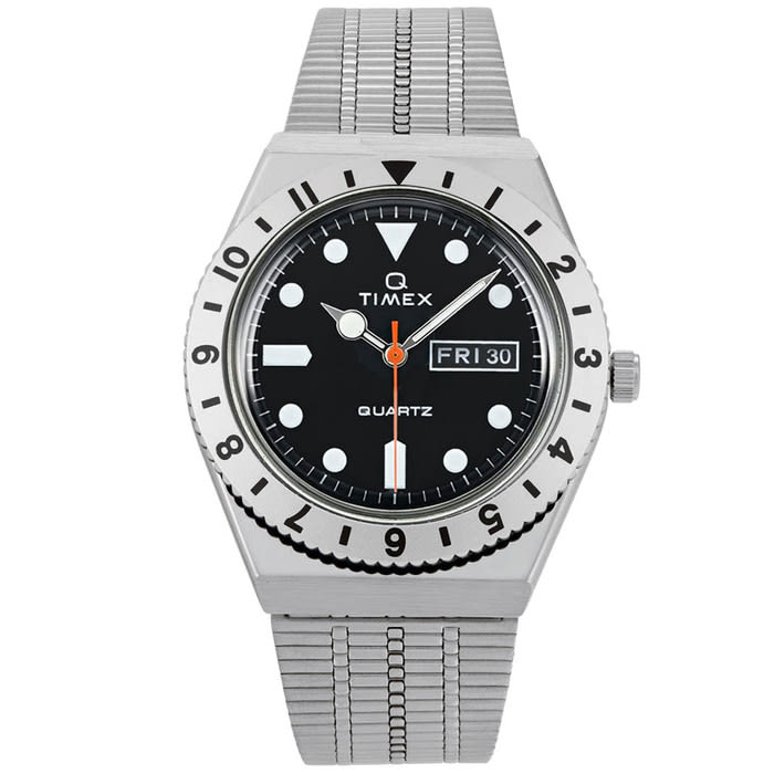 Q Timex Reissue of 1970's 38mm Black Dial, Stainless Steel Bracelet Watch #TW2V00100ZV