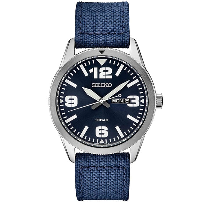 Seiko 43mm Quartz watch with an easy-to-read blue dial with a day and date window #SUR491