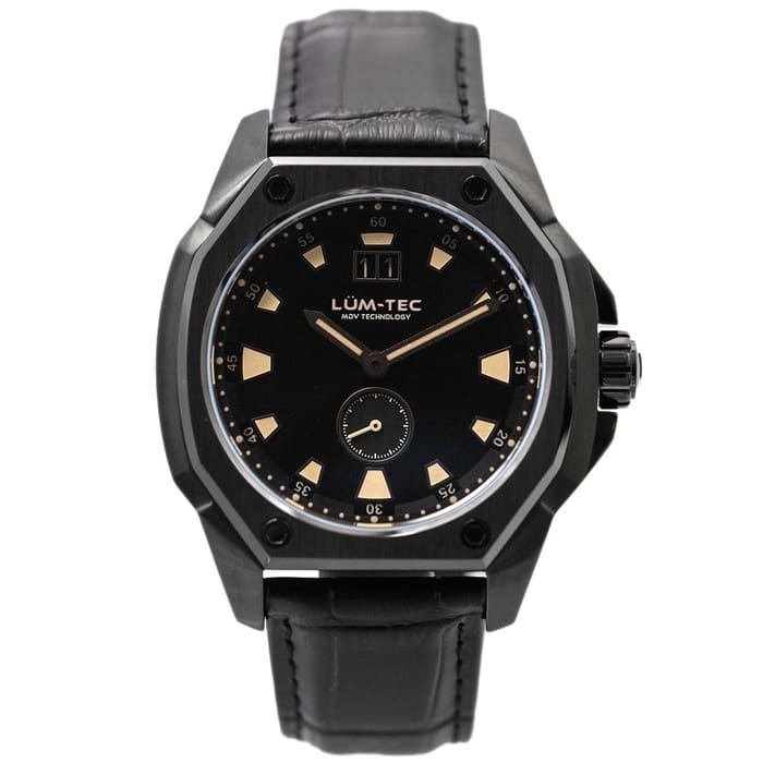 Lum-Tec 44mm Phantom Watch with Black Dial, Big-Date, and Anti-Reflective Sapphire Crystal #V-11