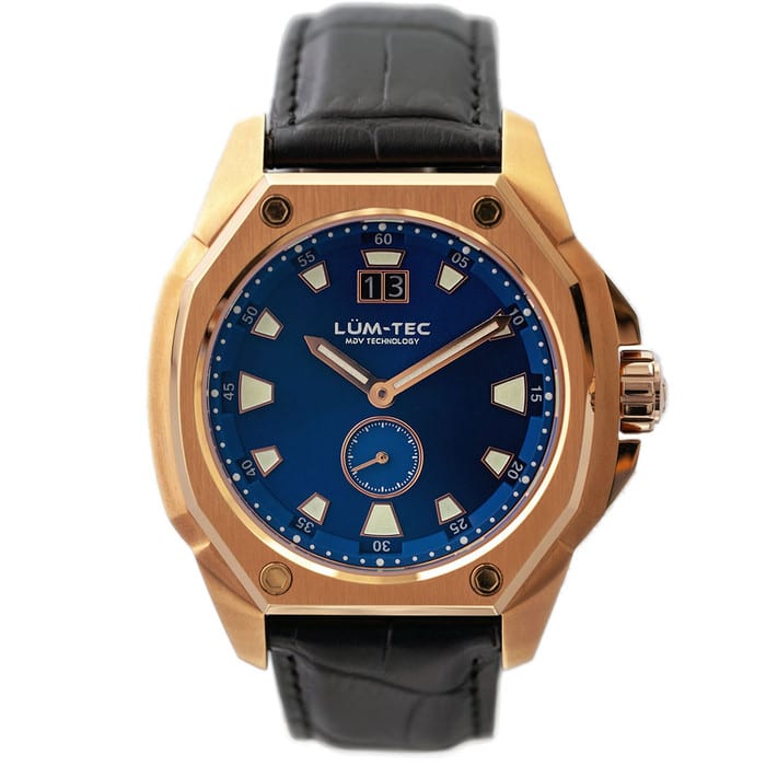 Lum-Tec 44mm Goldtone Watch with Blue Dial, Big-Date, and Anti-Reflective Sapphire Crystal #V-13