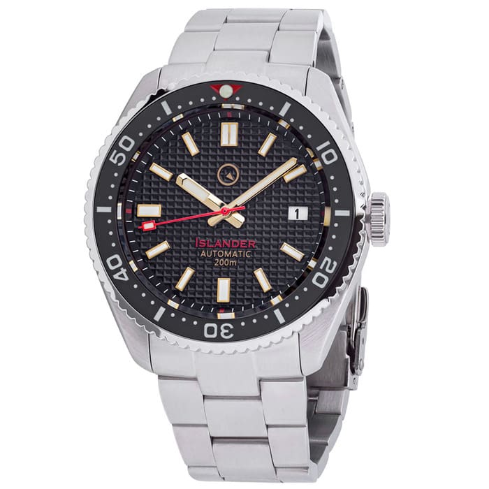Islander Black Waffle Dial Automatic Dive Watch with Flat AR Sapphire Crystal, Luminous Ceramic Bezel Insert #ISL-88