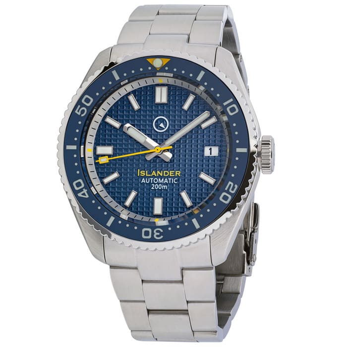 Islander Blue Waffle Dial Automatic Dive Watch with Flat AR Sapphire Crystal, Luminous Ceramic Bezel Insert #ISL-89
