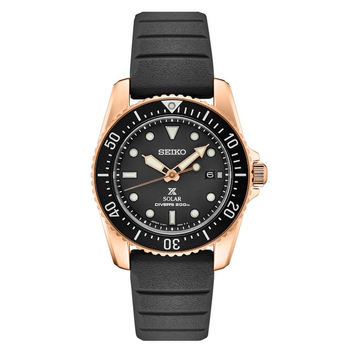 Seiko 38mm Prospex Black Dial Solar Dive Watch with Rose Goldtone Case #SNE586