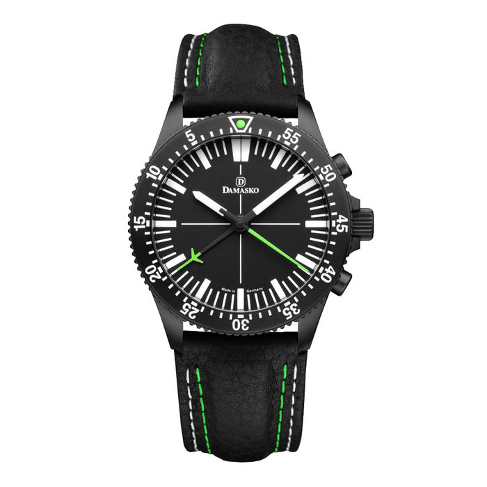 Damasko Black 42mm Chronograph, Green Accents, with 60-Minute Stopwatch Function #DC80BK-Gn