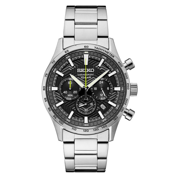 Seiko Essentials Quartz Chronograph with Black Dial and Steel Bracelet #SSB413