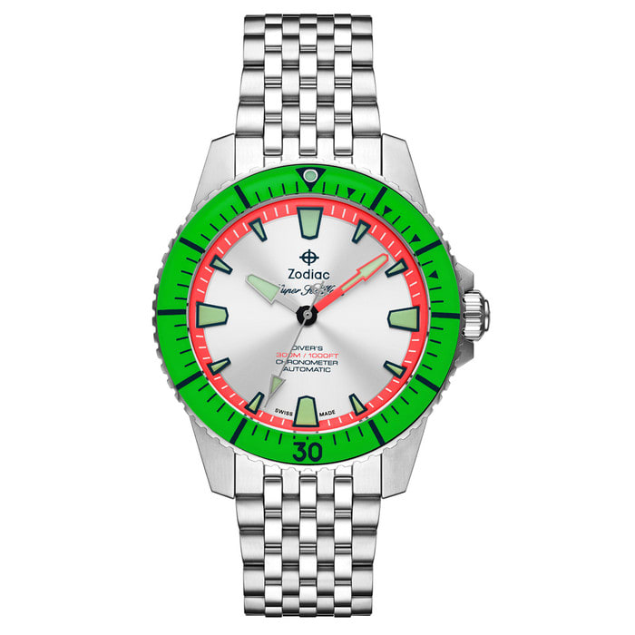 Zodiac Super Sea Wolf Pro-Diver with Silver Dial and Green Bezel #ZO3556