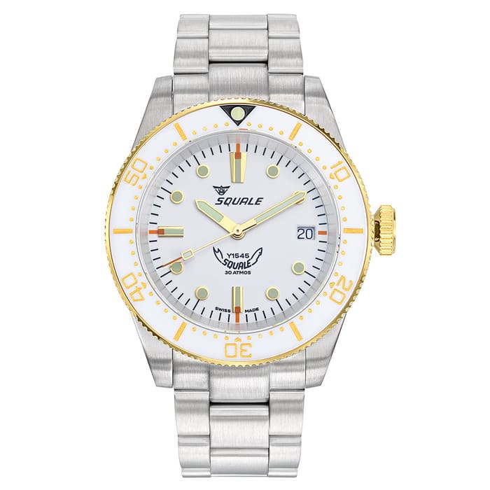 Squale 1545 White Dial Dive Watch with Gold Accents and Stainless Steel Bracelet #1545WTWT.AC